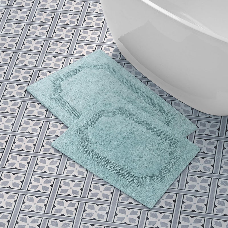Laura Ashley - Reversible Cotton Bath Mat, Premium Bathroom DÃ©cor, Machine Washable Bathroom Rug, Highly Absorbent, 17"x24"/20"x32" 2-Piece Set, Aqua - Image 1